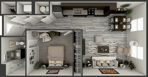 A 3D rendered image of a modern living room and kitchen.